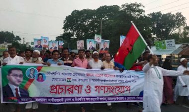 Rayhanul Alam Rayhan campaigns in favor of the Paddy Sheaf in Rajshahi's Mohanpur, 